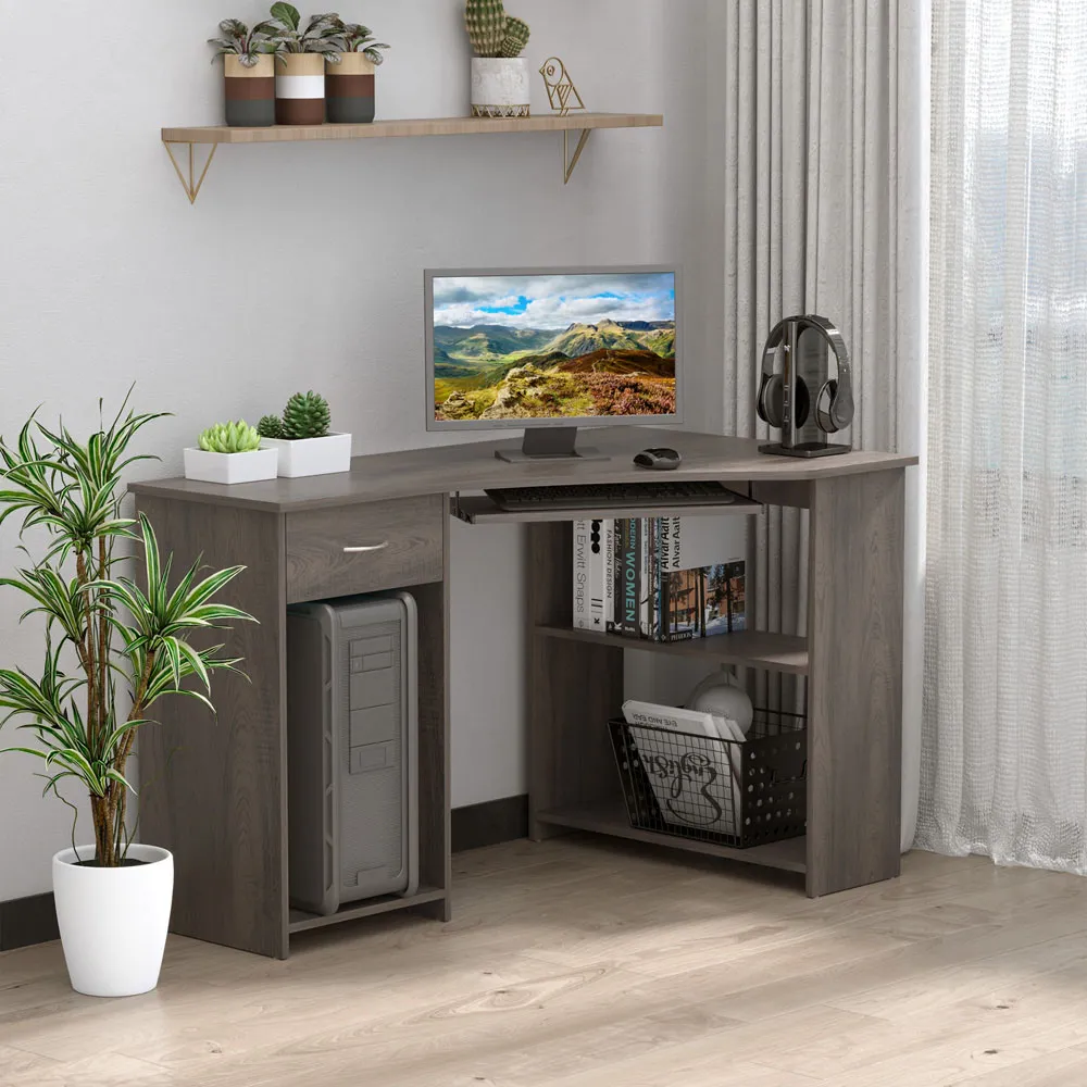 L-Shaped Corner Computer Desk with 2 Shelves - Grey
