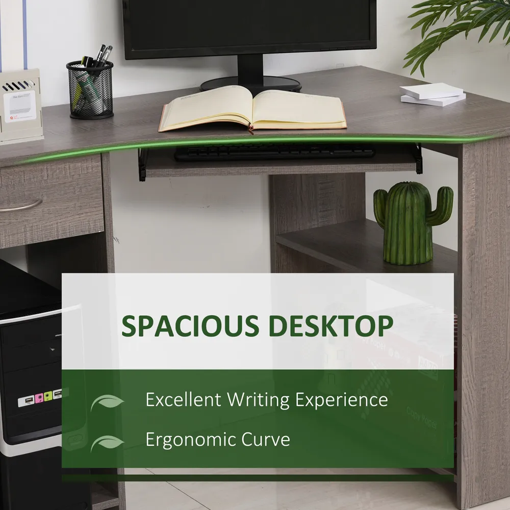 L-Shaped Corner Computer Desk with 2 Shelves - Grey