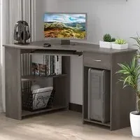 L-Shaped Corner Computer Desk with 2 Shelves - Grey
