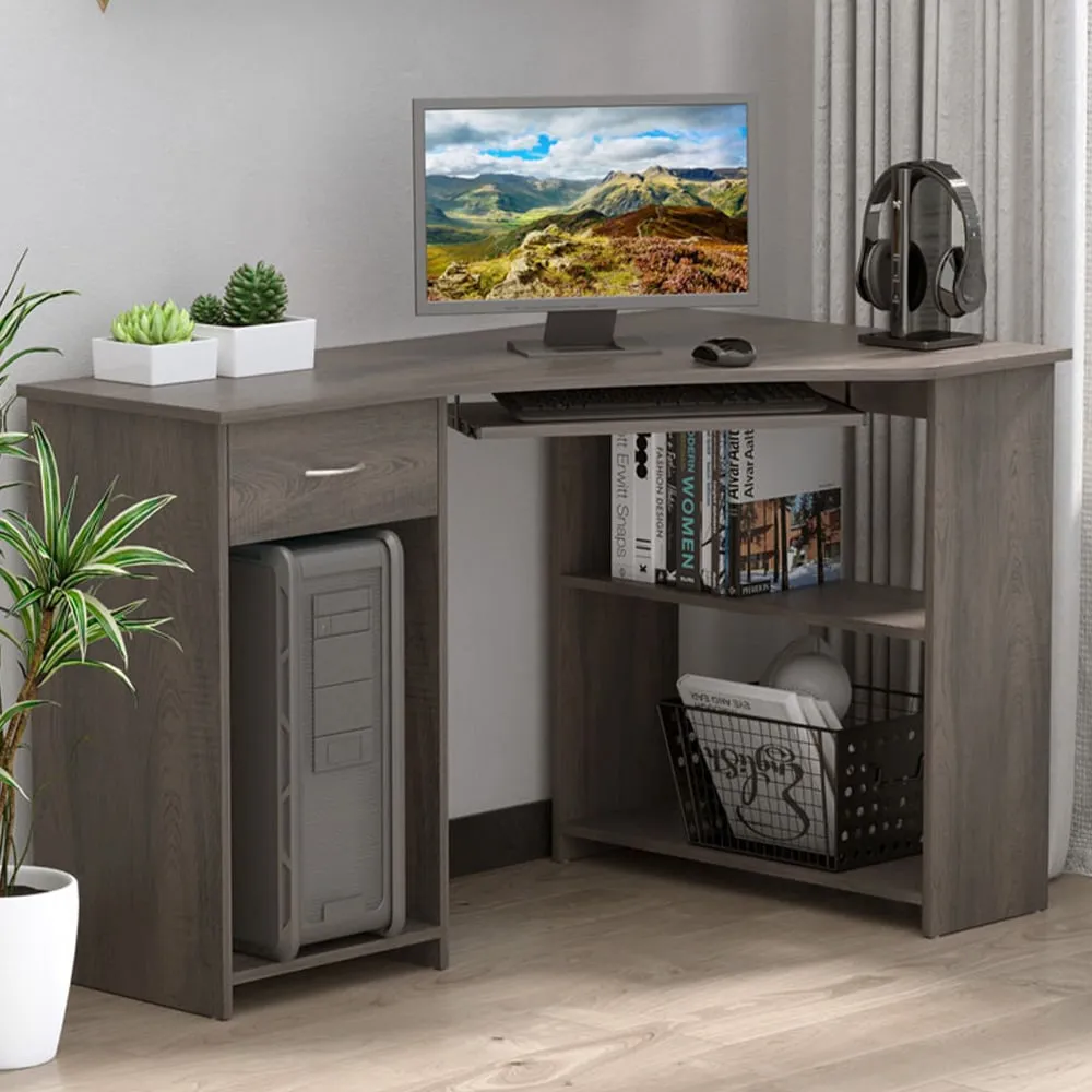 L-Shaped Corner Computer Desk with 2 Shelves - Grey