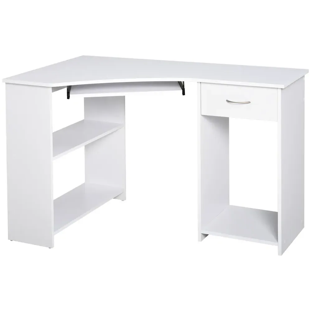 L-Shaped Corner Computer Desk with 2 Shelves - White