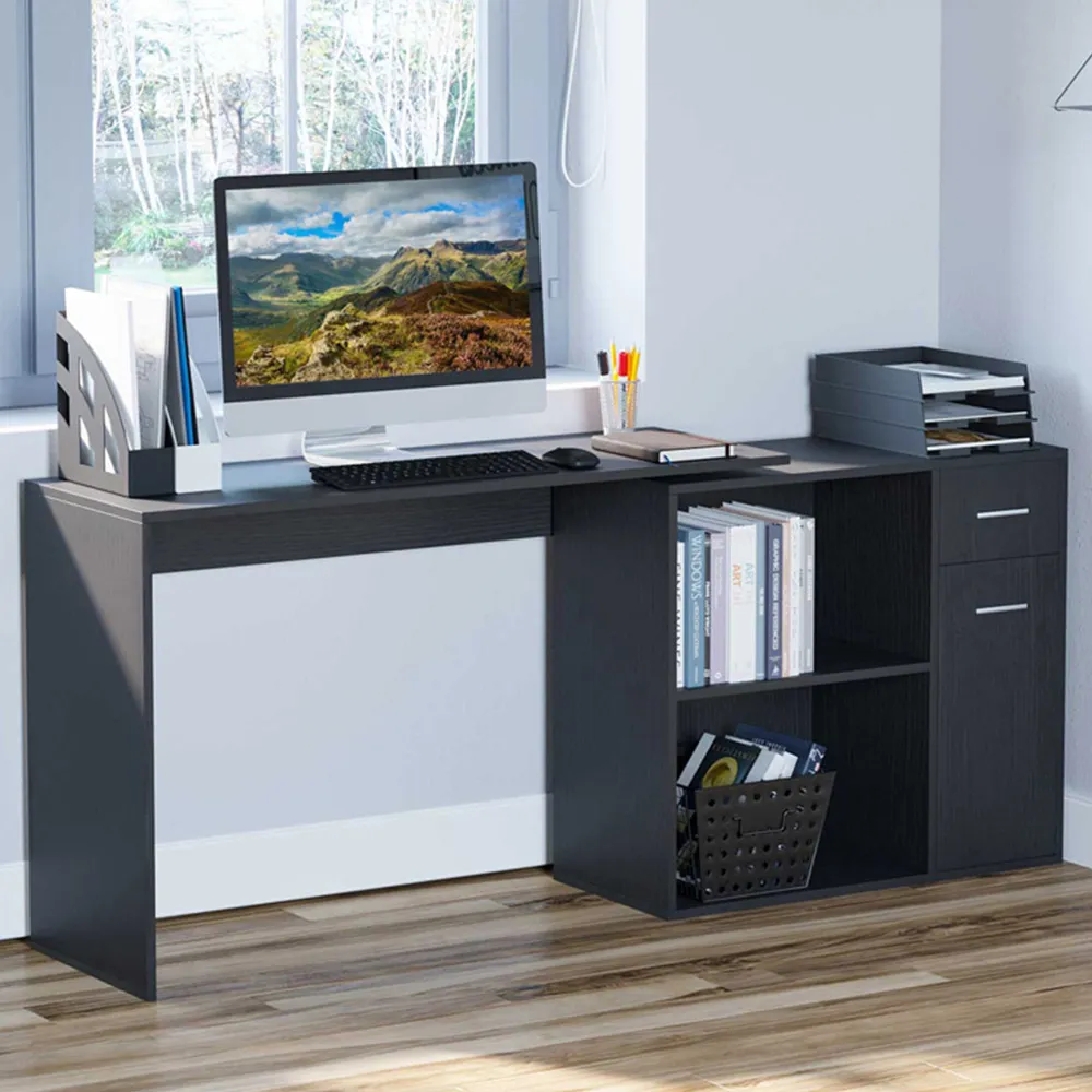 L-Shaped Corner Desk with Drawers - Black