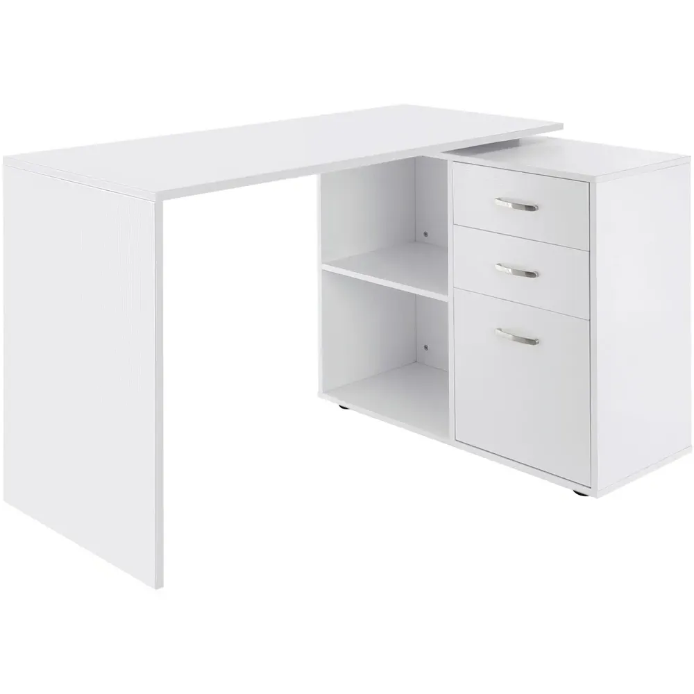 L-Shaped Desk with 3 Drawers - White