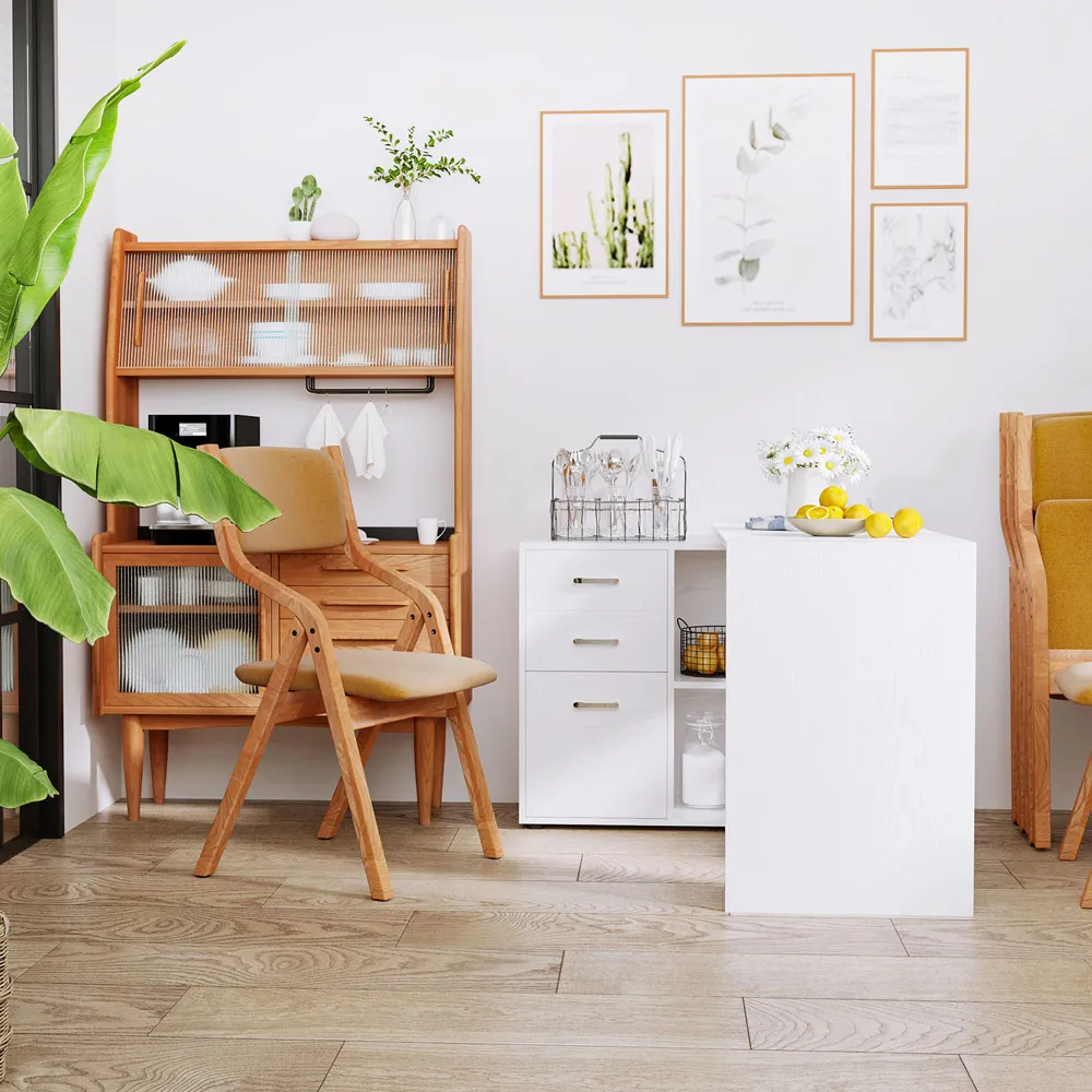 L-Shaped Desk with 3 Drawers - White