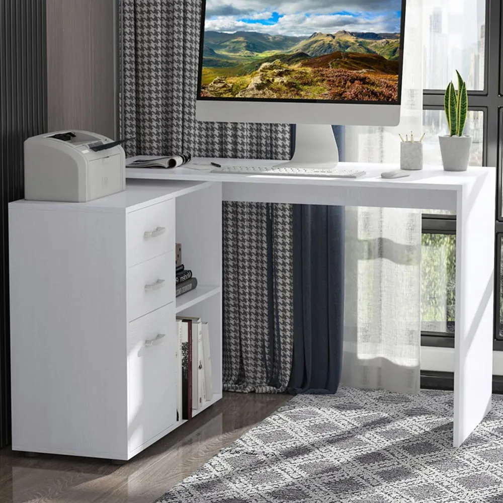 L-Shaped Desk with 3 Drawers - White image