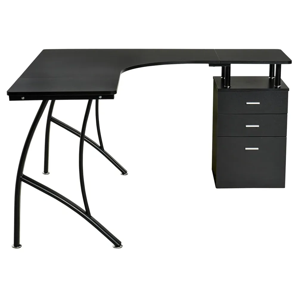 L-Shaped Desk with Storage Drawers - Black