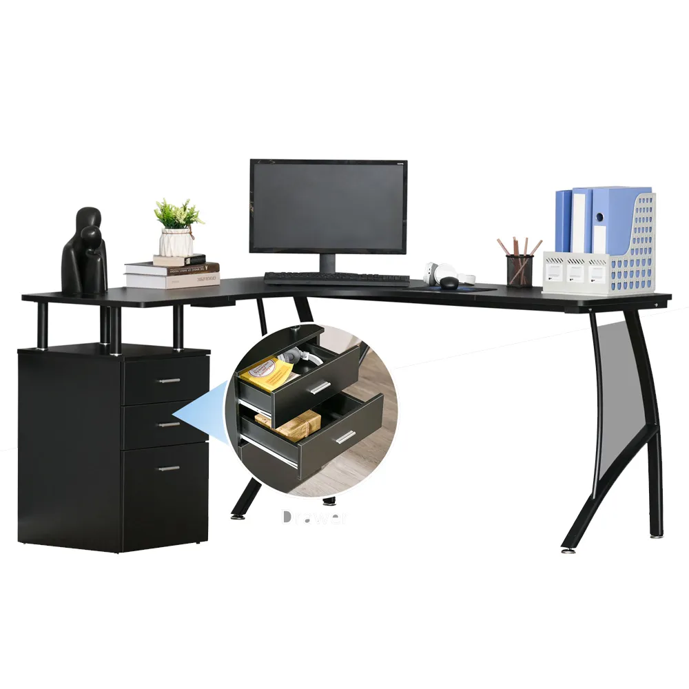 L-Shaped Desk with Storage Drawers - Black