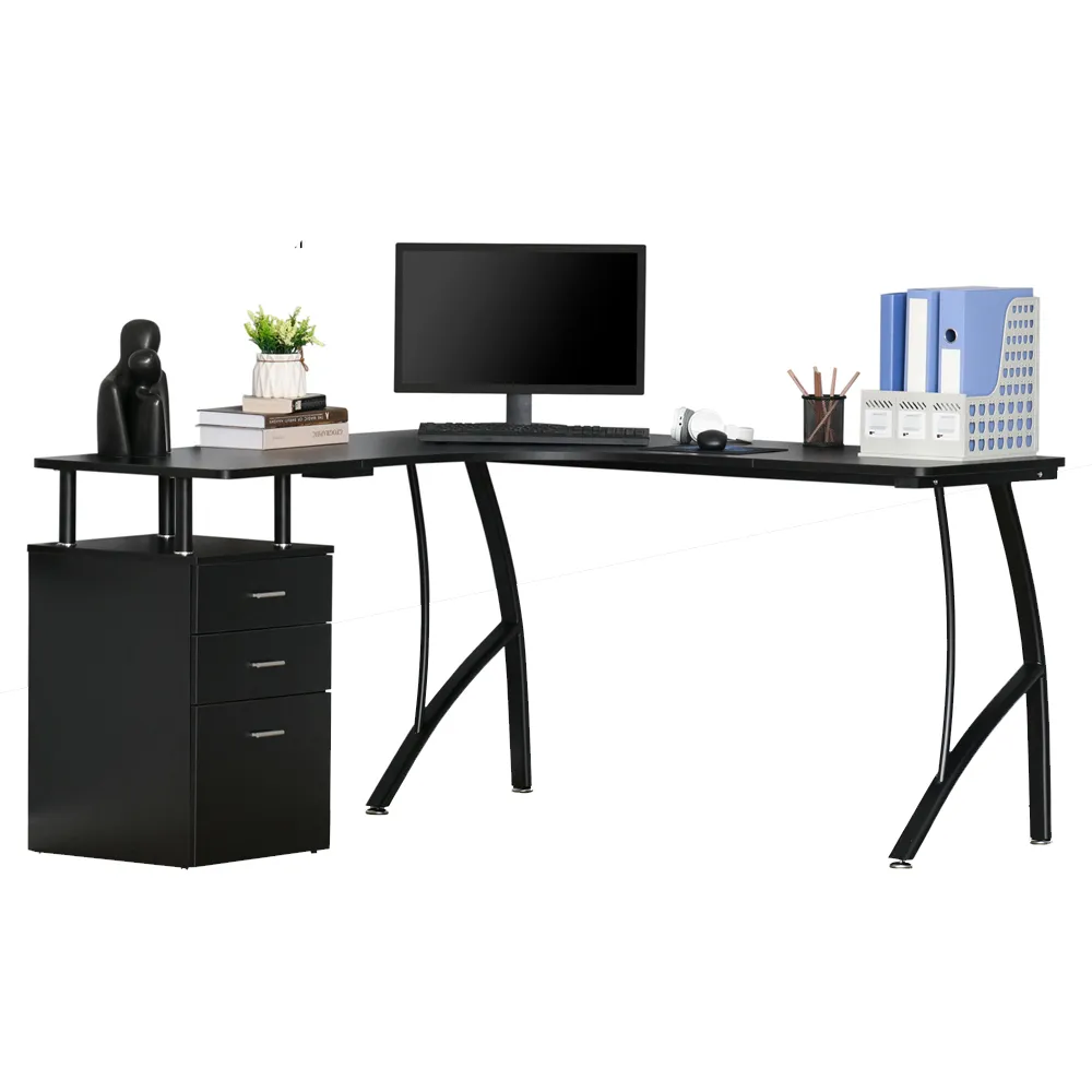 L-Shaped Desk with Storage Drawers - Black