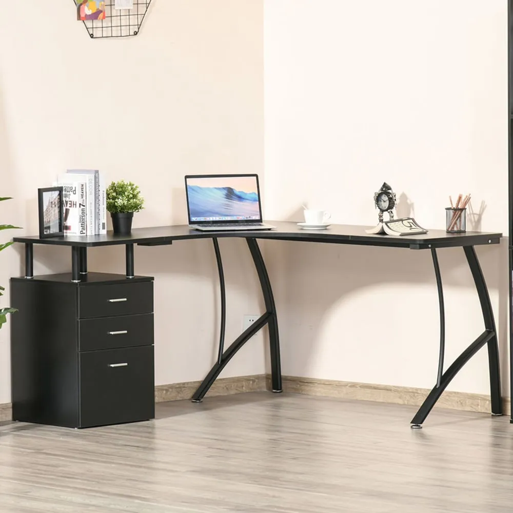 L-Shaped Desk with Storage Drawers - Black