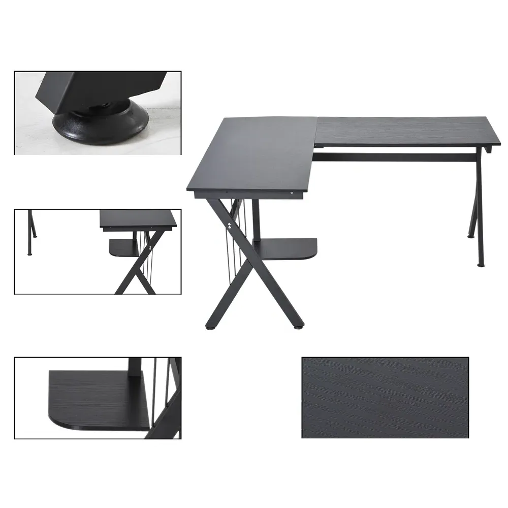 L-Shaped Office Desk with CPU Rack - Black