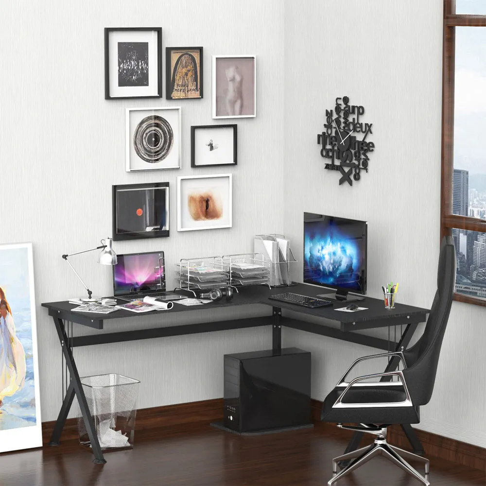 L-Shaped Office Desk with CPU Rack - Black