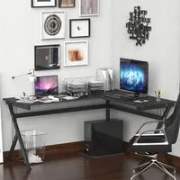 L-Shaped Office Desk with CPU Rack - Black