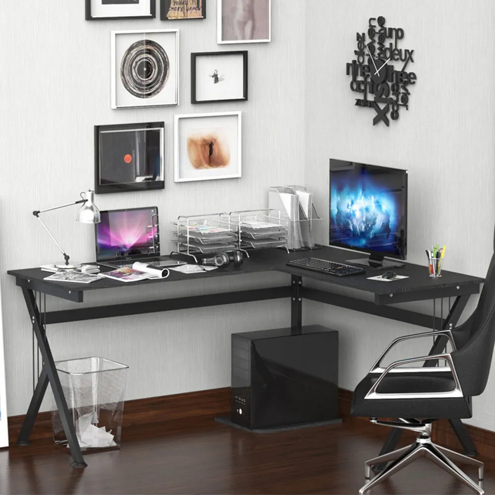 L-Shaped Office Desk with CPU Rack - Black