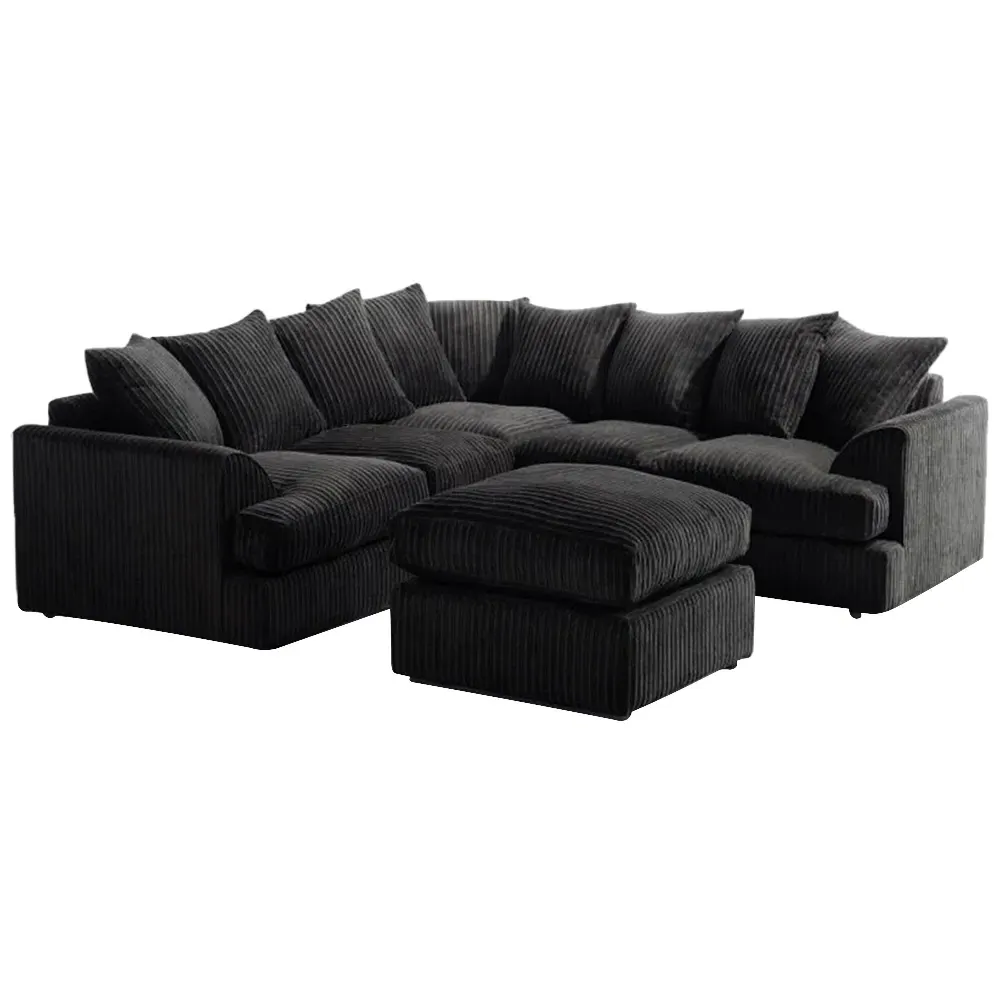 Lana 5-Seater T Arm Sofa with Footstool - Black, Jumbo Cord