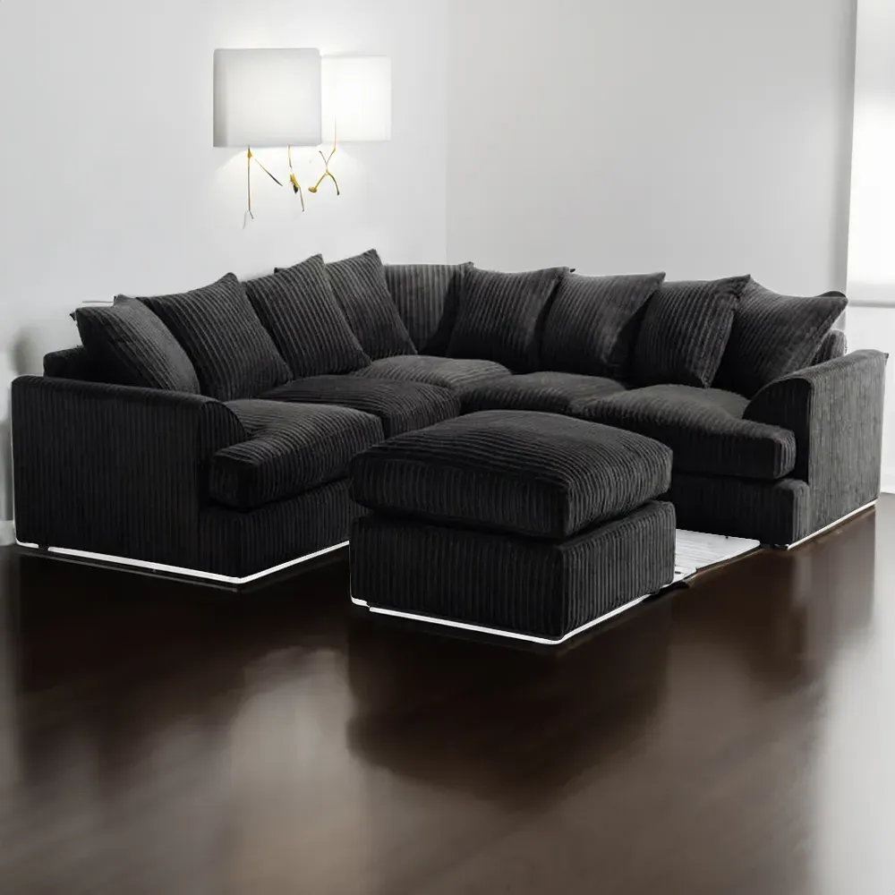 Lana 5-Seater T Arm Sofa with Footstool - Black, Jumbo Cord image