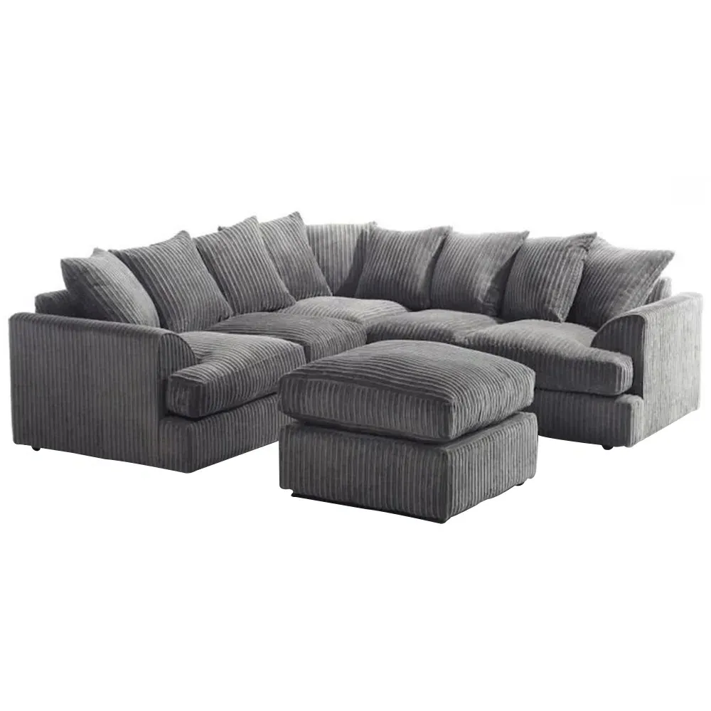 Lana 5-Seater T Arm Sofa with Footstool - Grey, Jumbo Cord