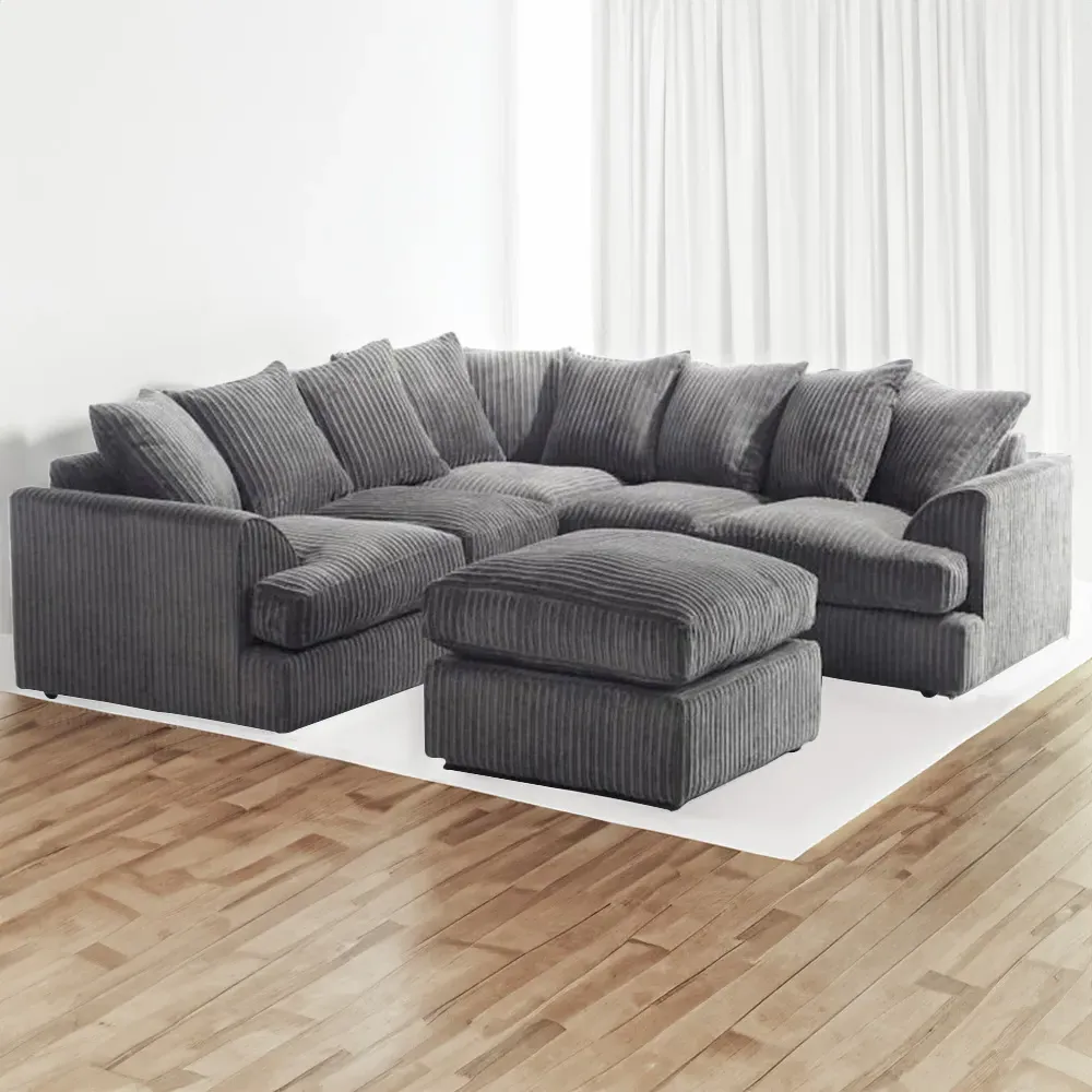 Lana 5-Seater T Arm Sofa with Footstool - Grey, Jumbo Cord
