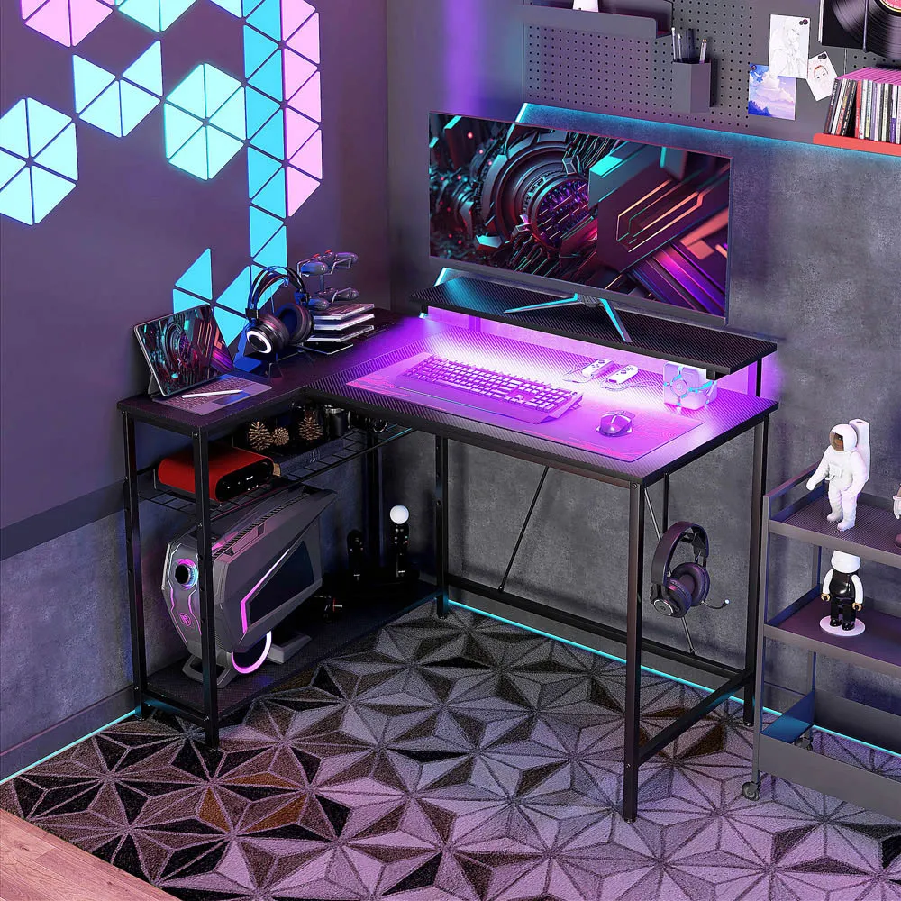 LED Lights Reversible Corner Gaming Desk with Storage - Black