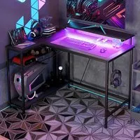 LED Lights Reversible Corner Gaming Desk with Storage - Black