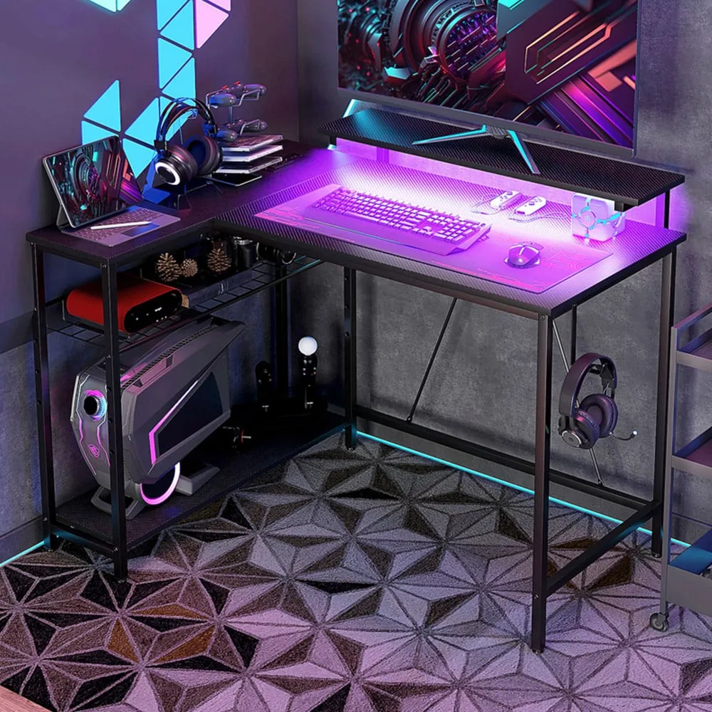 LED Lights Reversible Corner Gaming Desk with Storage - Black