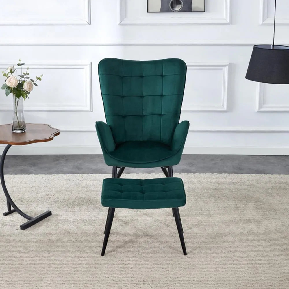 Lounge Chair with Footstool - Green, Velvet