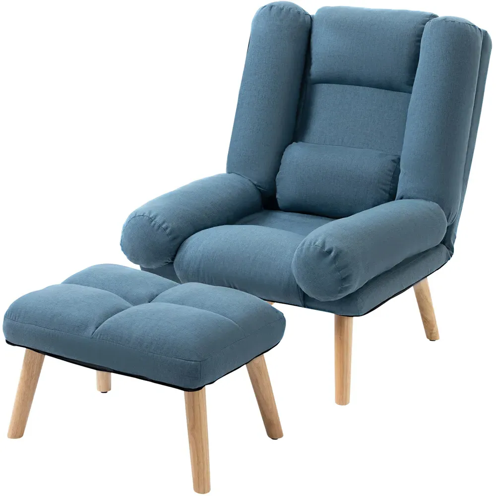 Manual Recliner Chair with Footstool - Blue, Linen