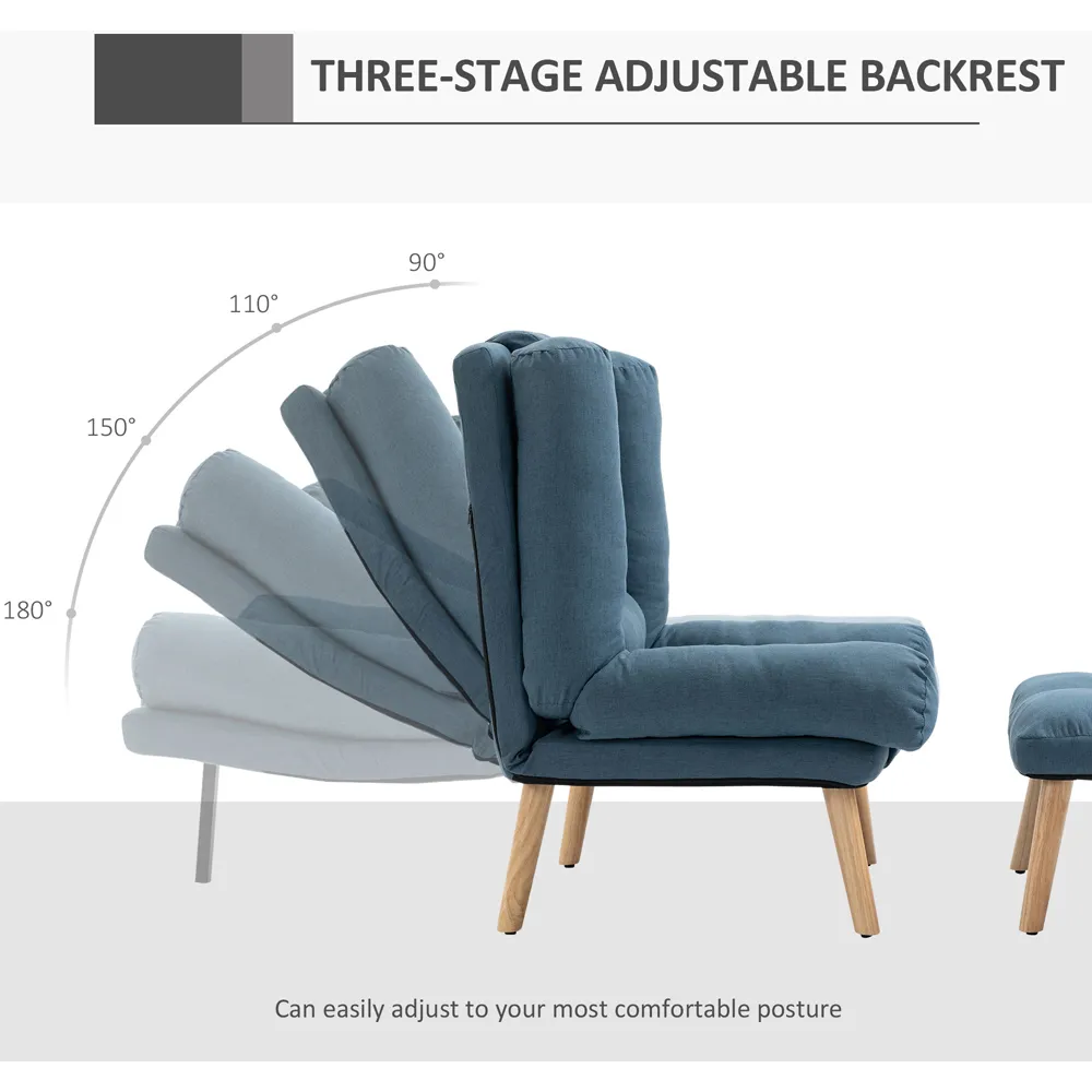 Manual Recliner Chair with Footstool - Blue, Linen