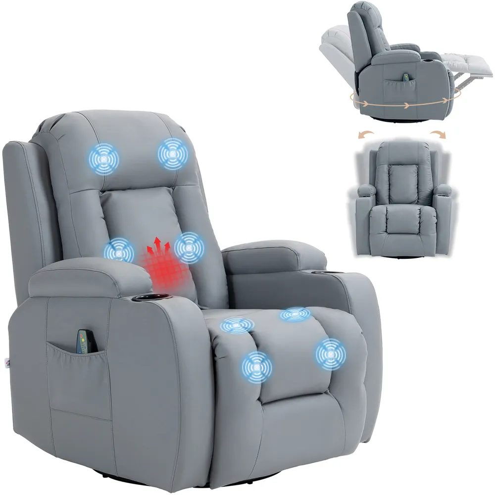 Manual Recliner Chair with Massage - Light Grey, PU Leather