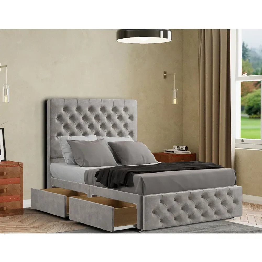 Mary Chesterfield Double Divan Bed with Storage - Silver