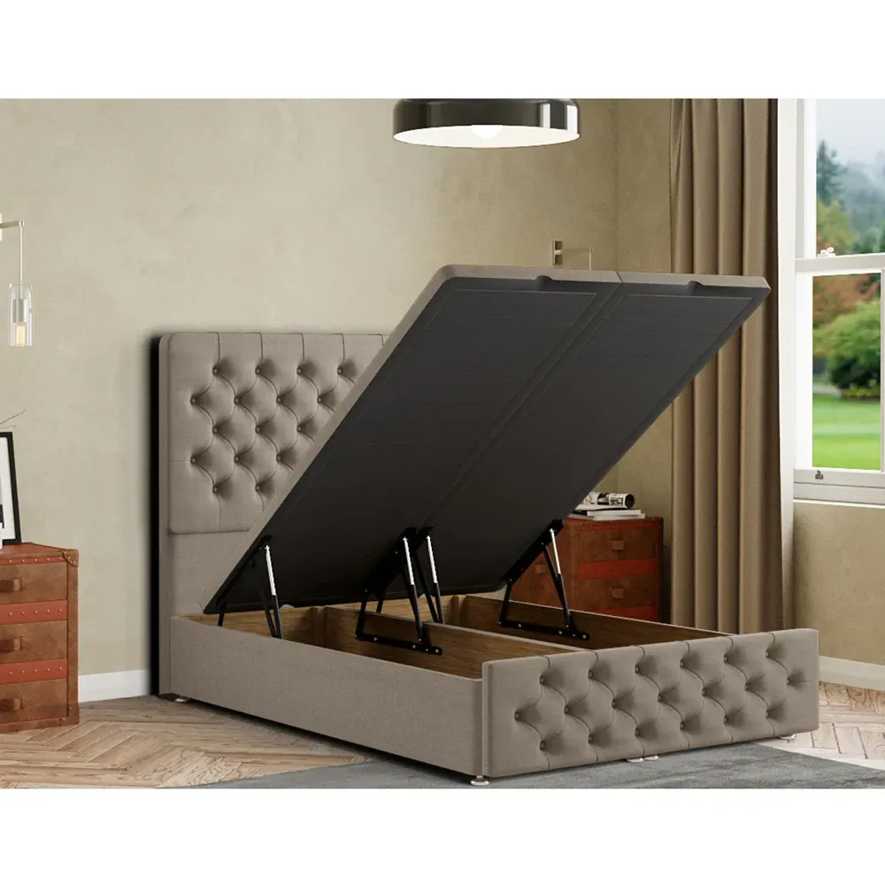 Mary Chesterfield Double Ottoman Bed with Storage - Beige, Linen