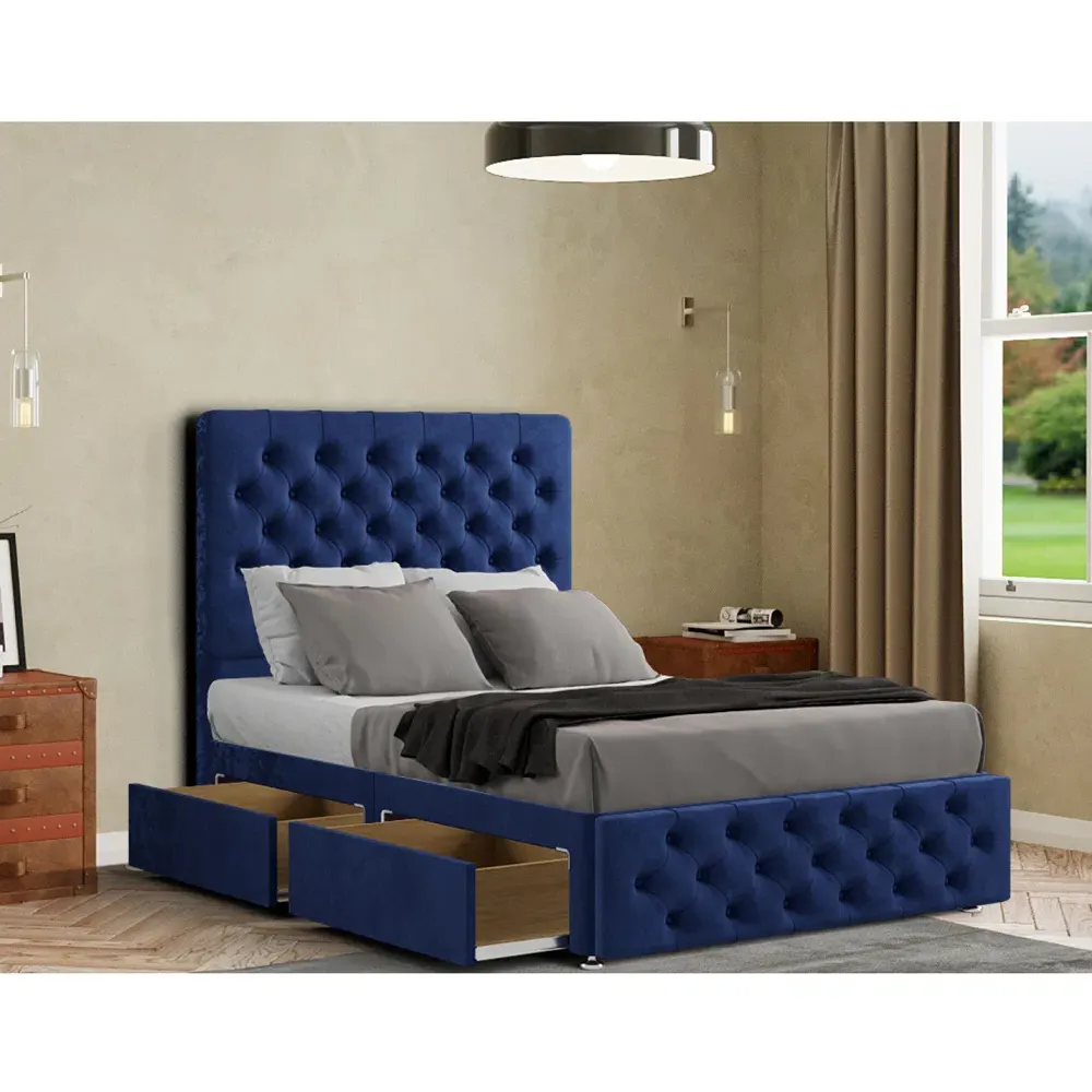 Mary Chesterfield King Size Divan Bed with Storage - Blue