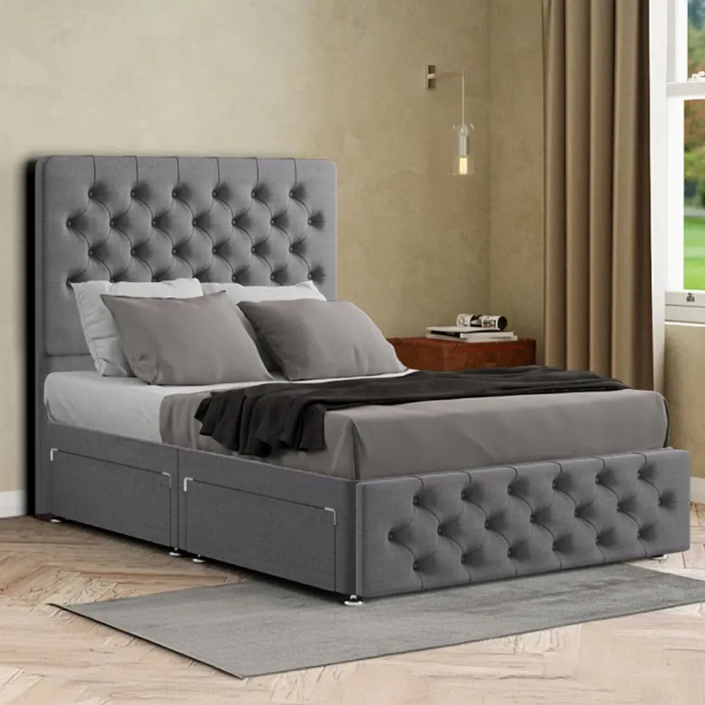 Mary Chesterfield Small Double Divan Bed with Storage - Grey