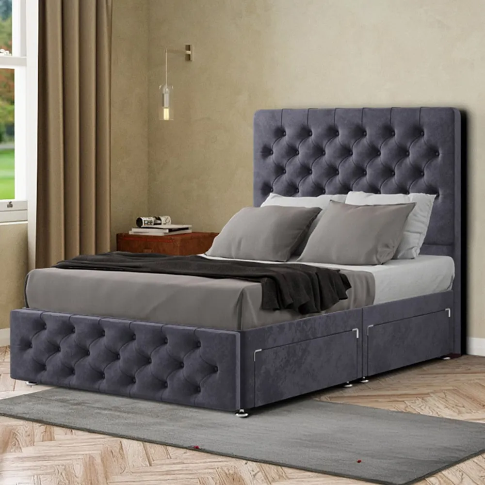 Mary Chesterfield Super King Divan Bed with 2 Drawers - Silver