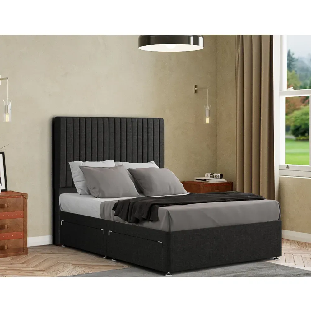 Maryland King Size Divan Bed with 2 Drawer and Headboard - Black, Linen