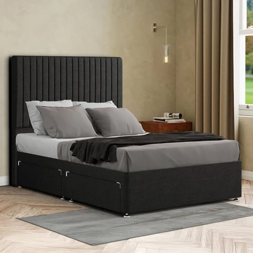 Maryland King Size Divan Bed with 2 Drawer and Headboard - Black, Linen