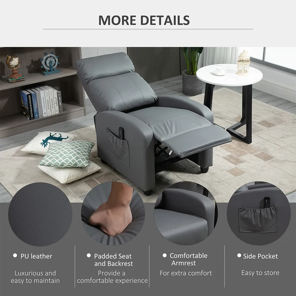 Massage Recliner Chair with Remote - Grey, PU Leather