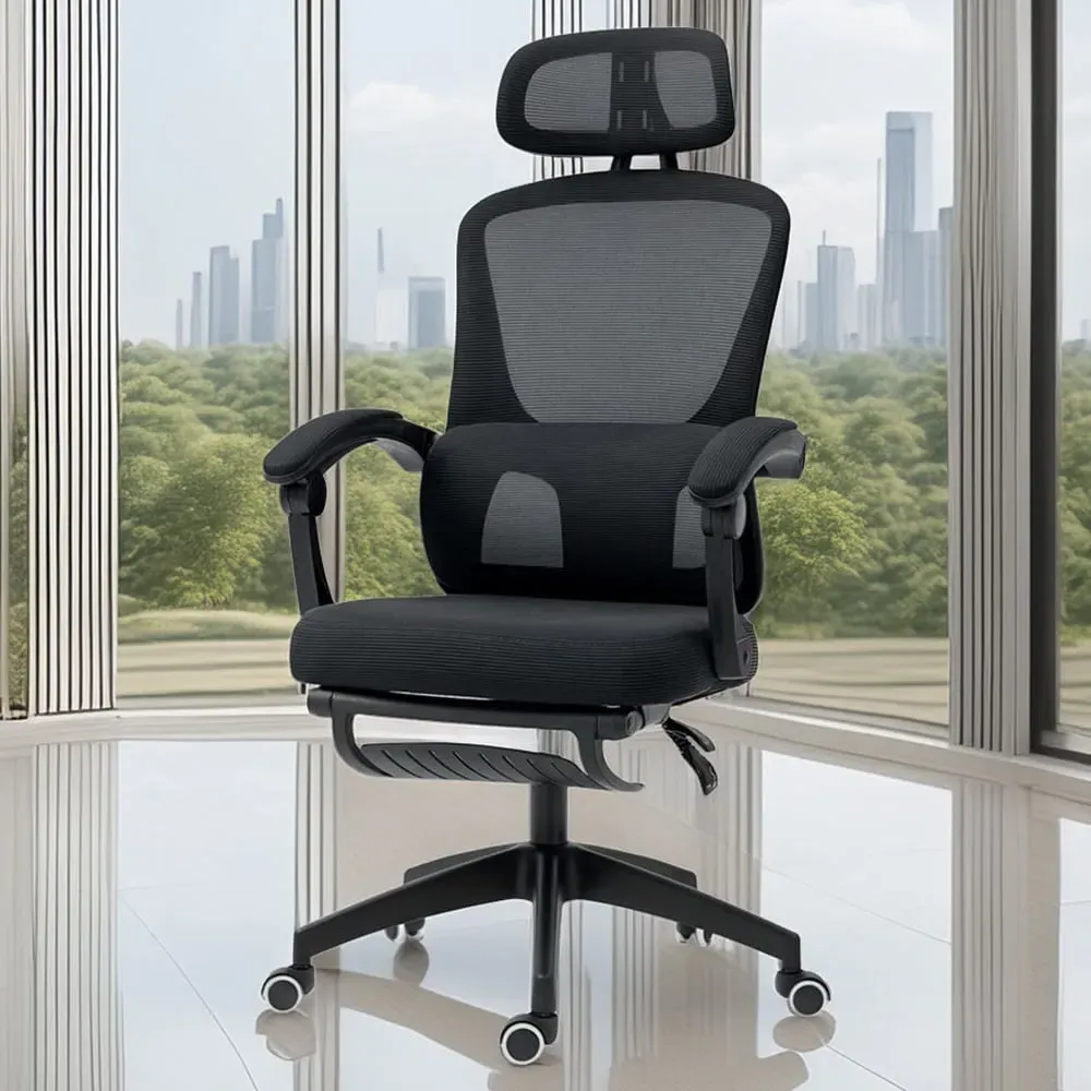Mesh Ergonomic Office Chair with Footrest - Black