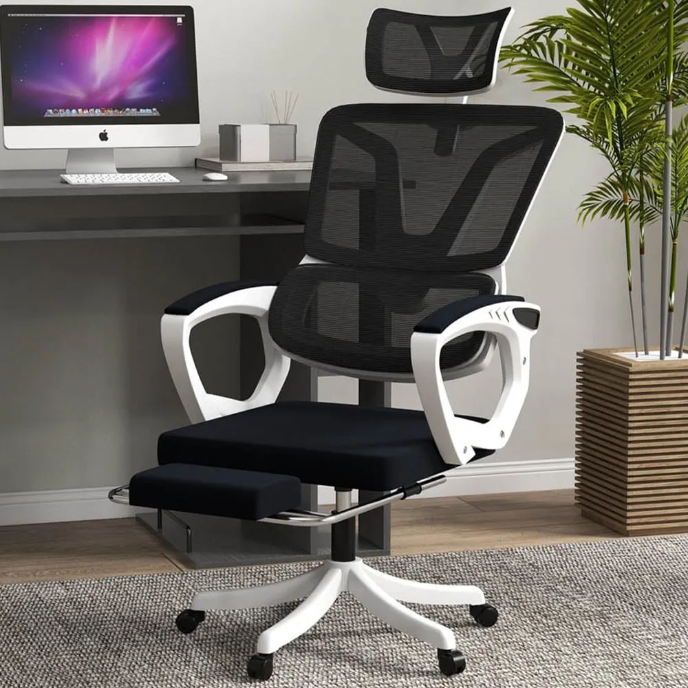 Mesh Recliner Swivel Desk Chair with Footrest - Black image