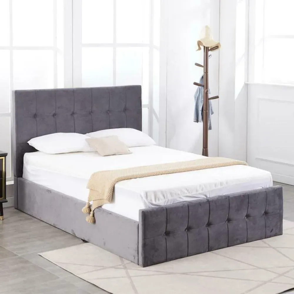 Milano Double Ottoman Bed with Storage - Grey, Velvet