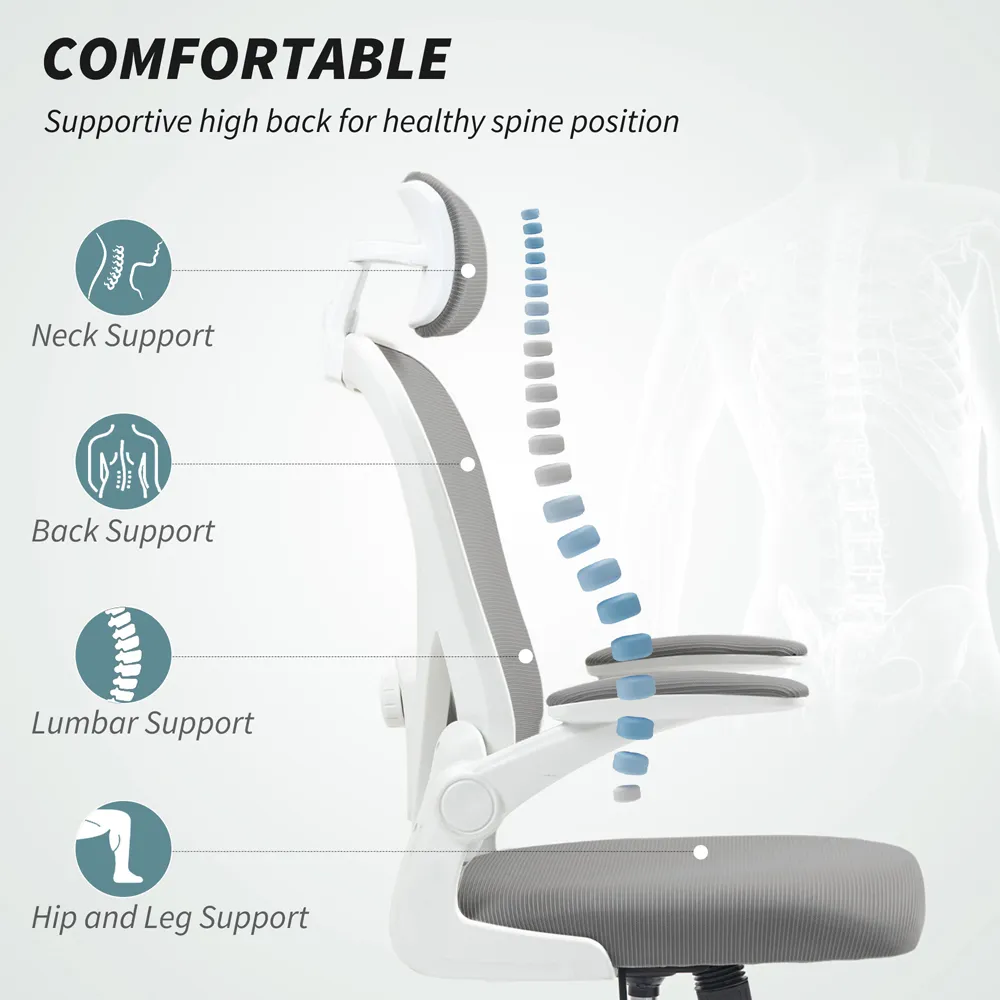 Office Chair with Headrest and Lumbar Support - Grey, Mesh