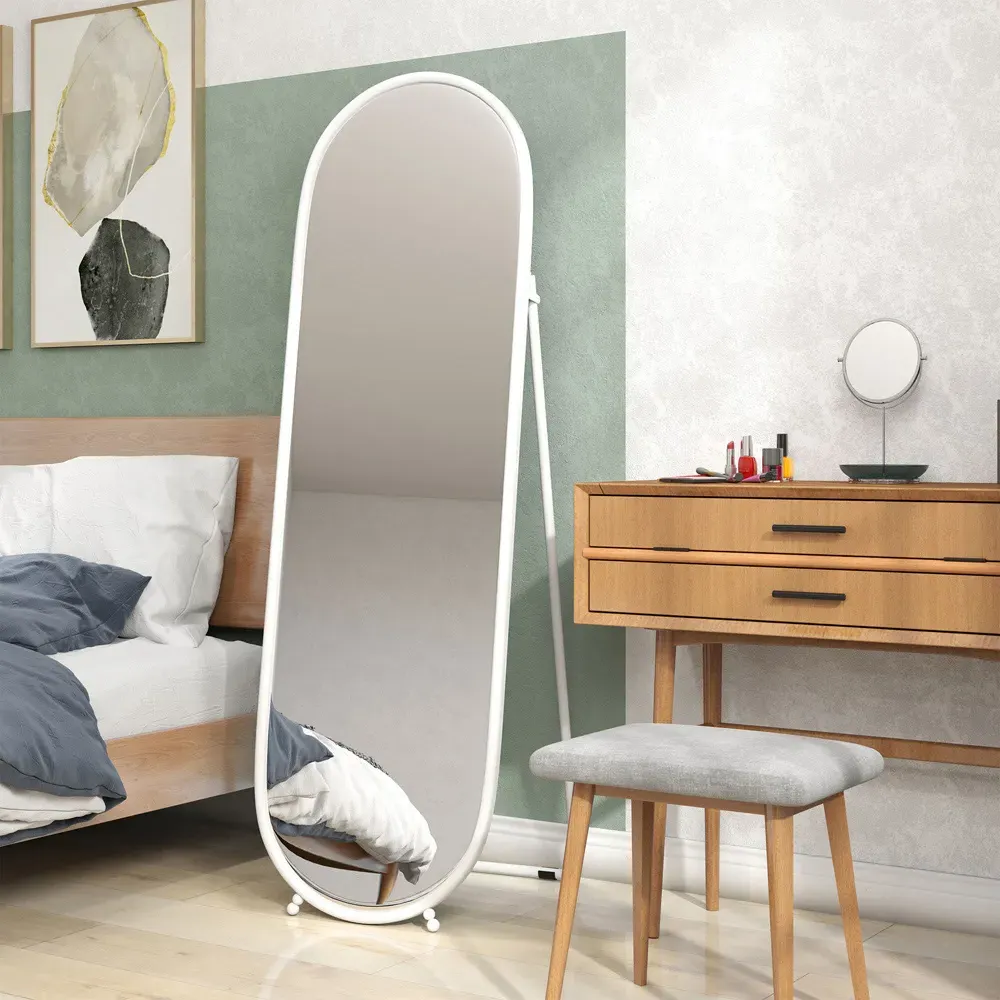Oval Full Length Mirror with Stand - White