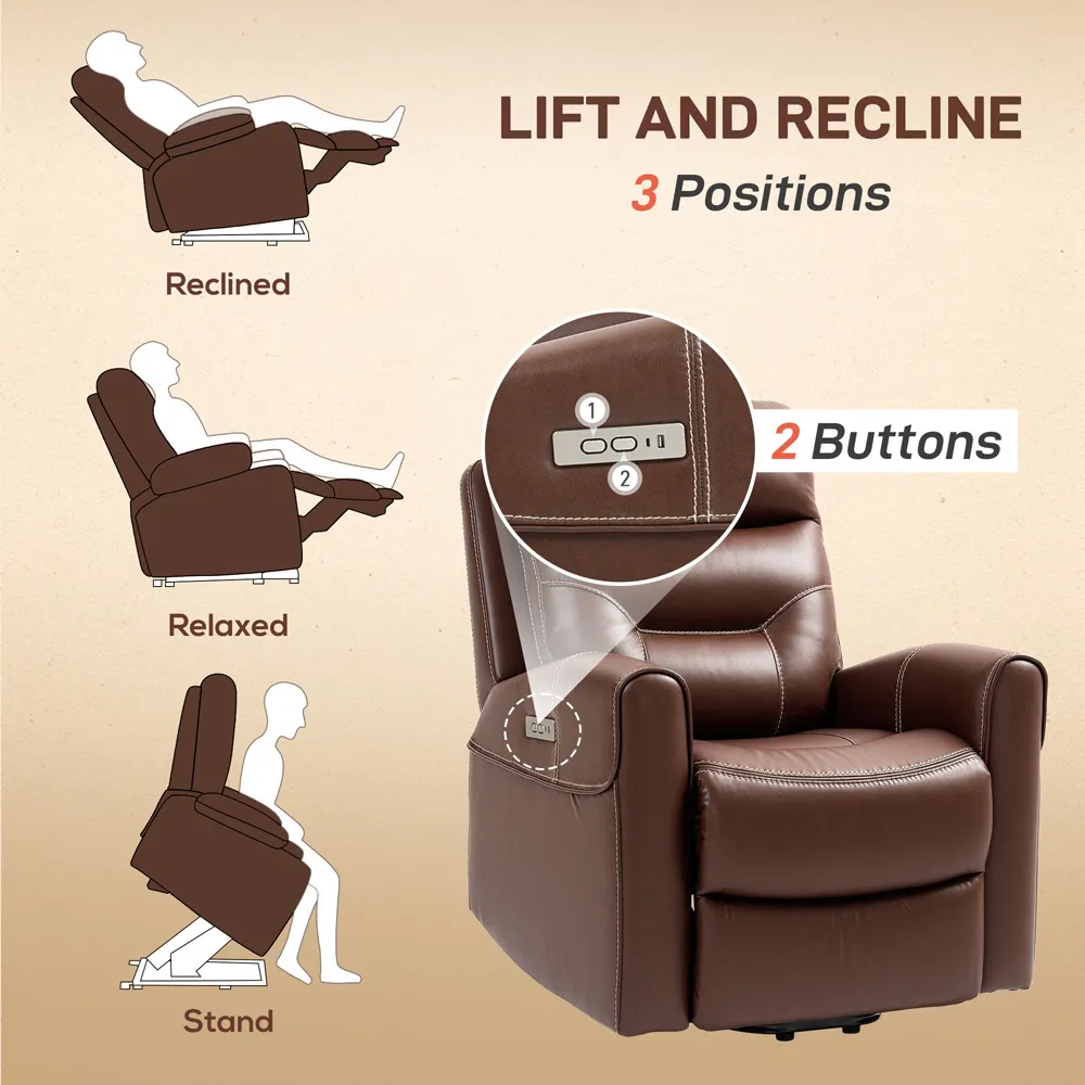 Overstuffed Riser Recliner Chair with USB Ports - Brown