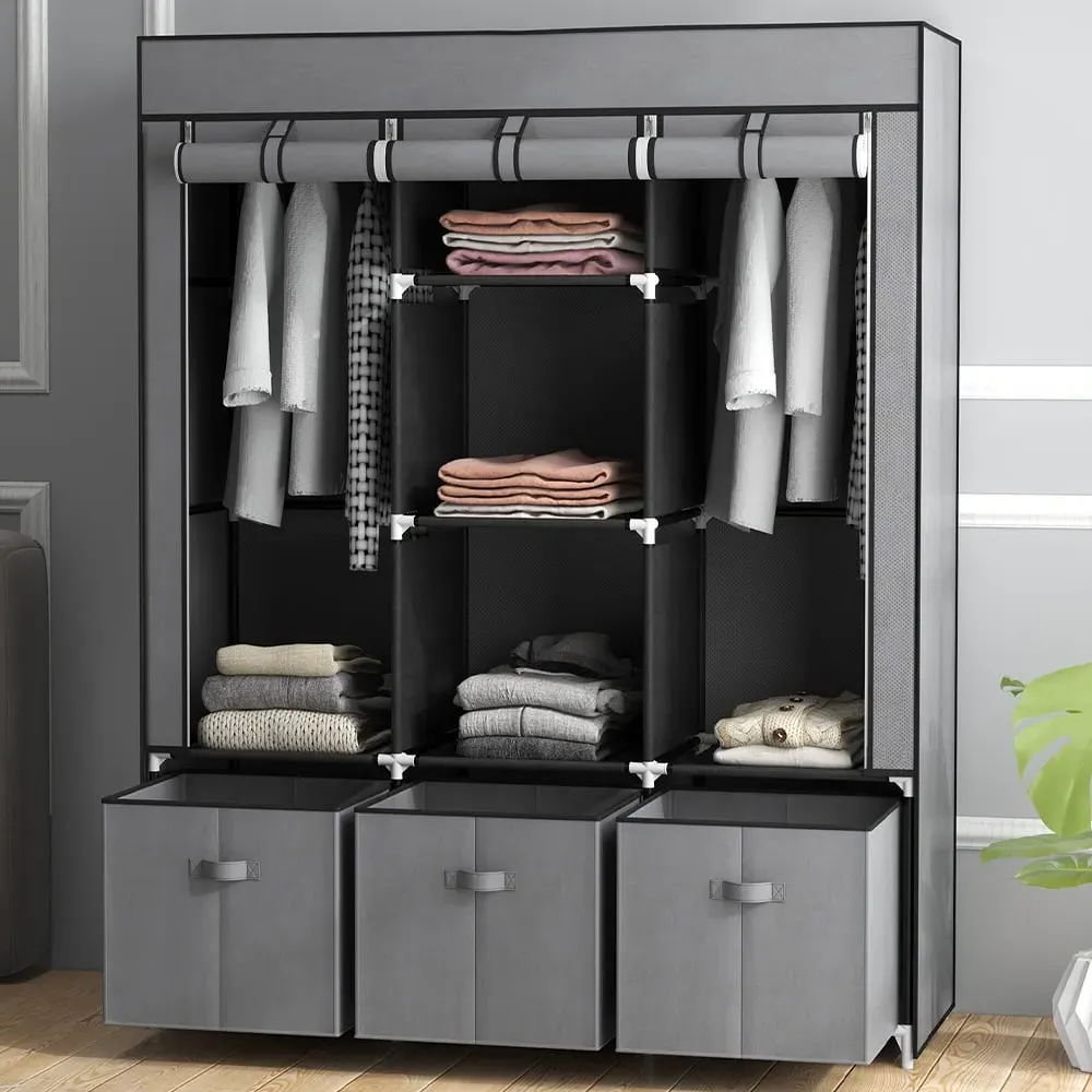 Portable Fabric Wardrobe with Drawers - Dark Grey