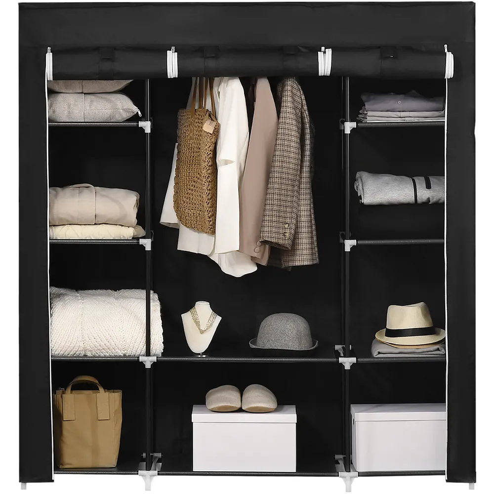 Portable Fabric Wardrobe with Shelves - Black