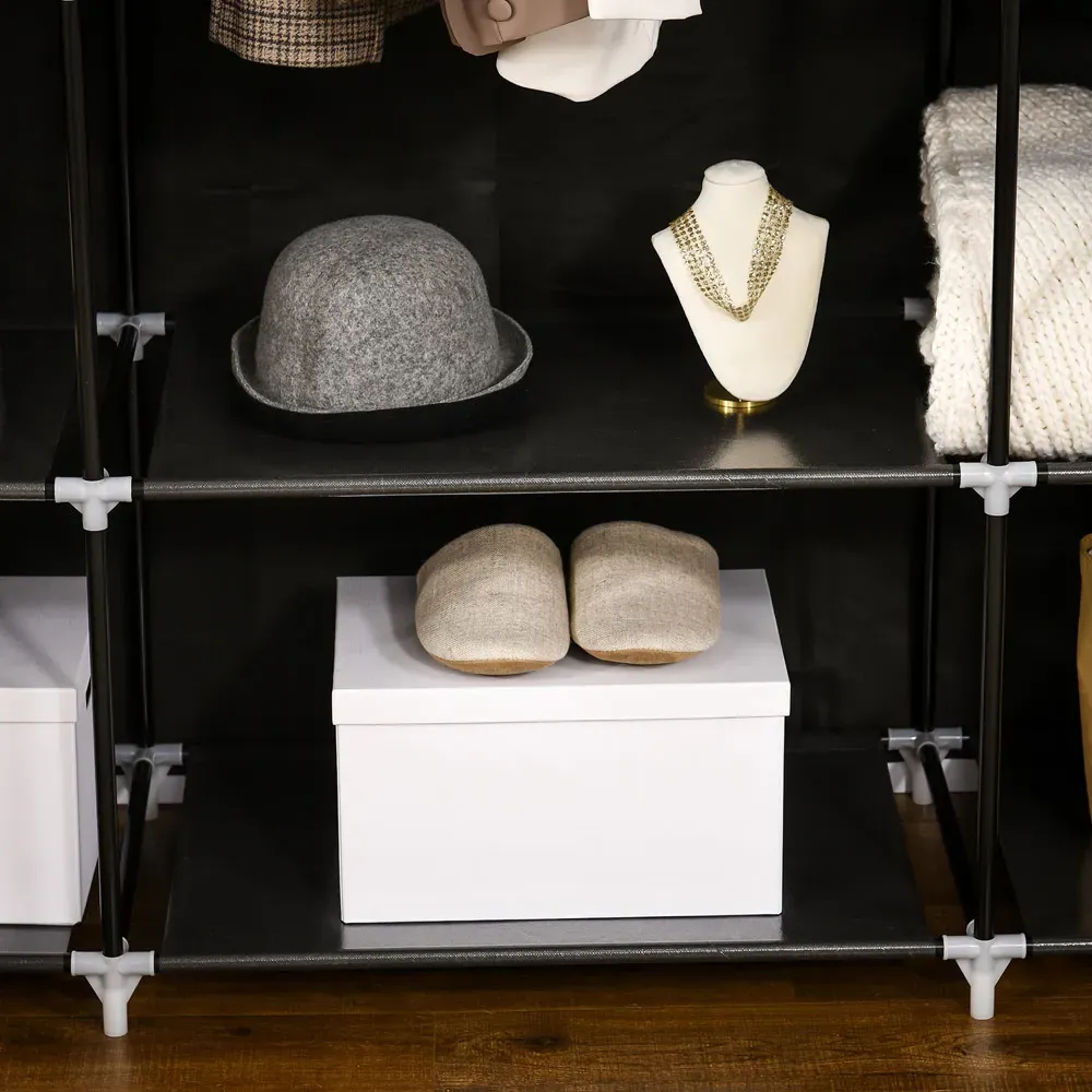 Portable Fabric Wardrobe with Shelves - Black