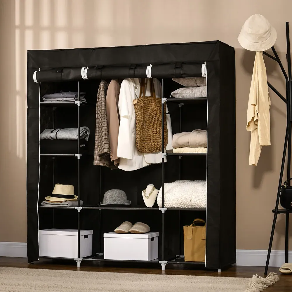 Portable Fabric Wardrobe with Shelves - Black