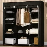 Portable Fabric Wardrobe with Shelves - Black