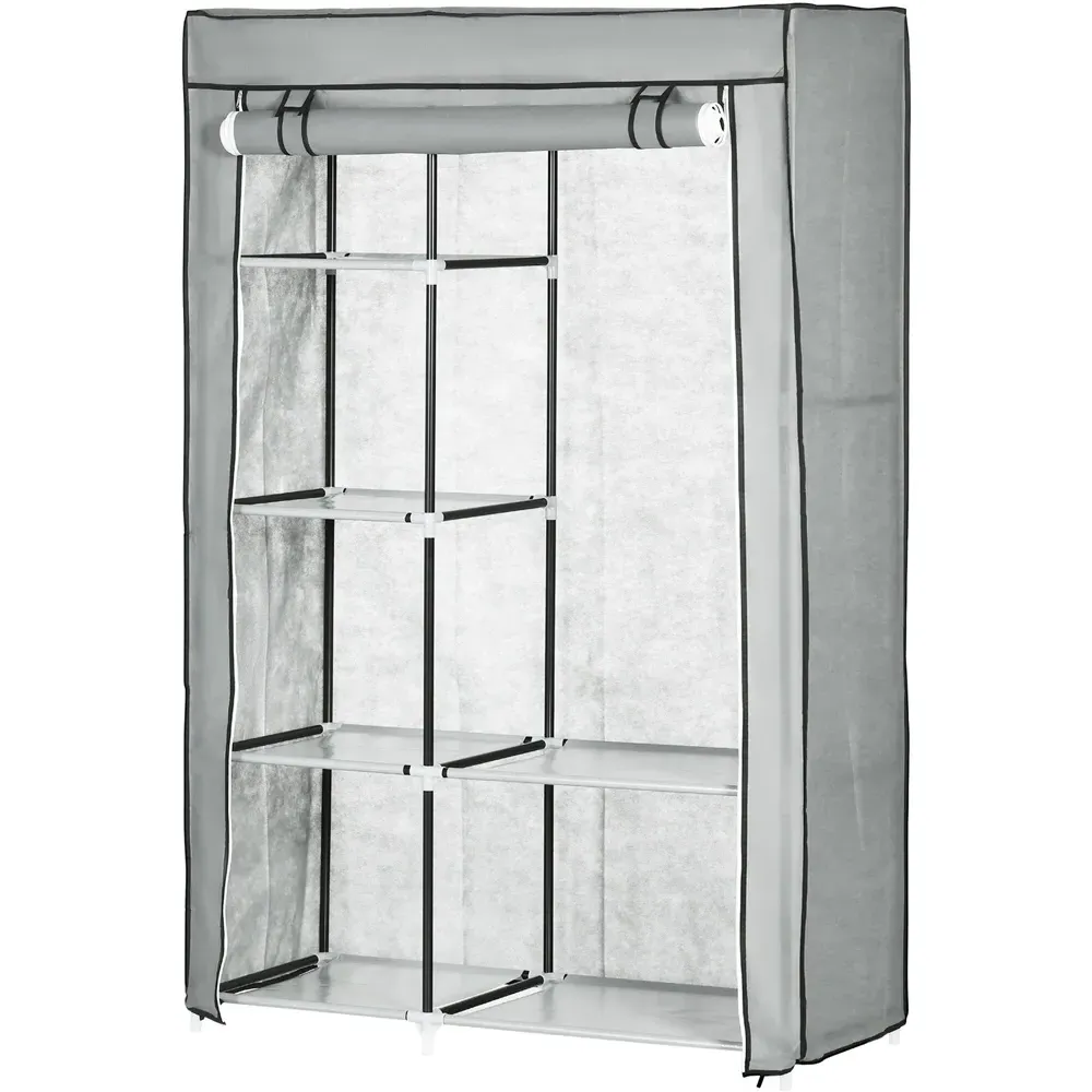 Portable Fabric Wardrobe with Shelves - Light Grey