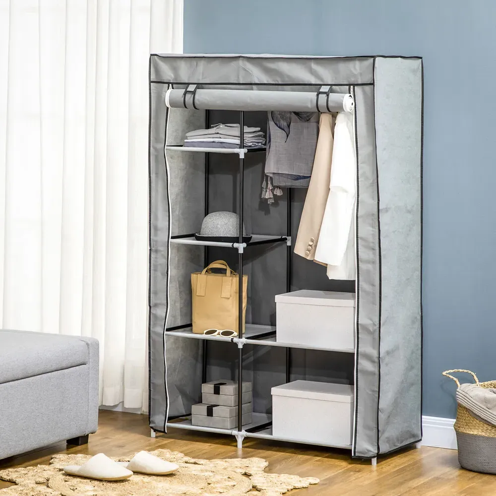 Portable Fabric Wardrobe with Shelves - Light Grey