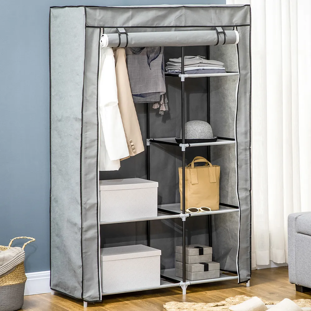 Portable Fabric Wardrobe with Shelves - Light Grey image